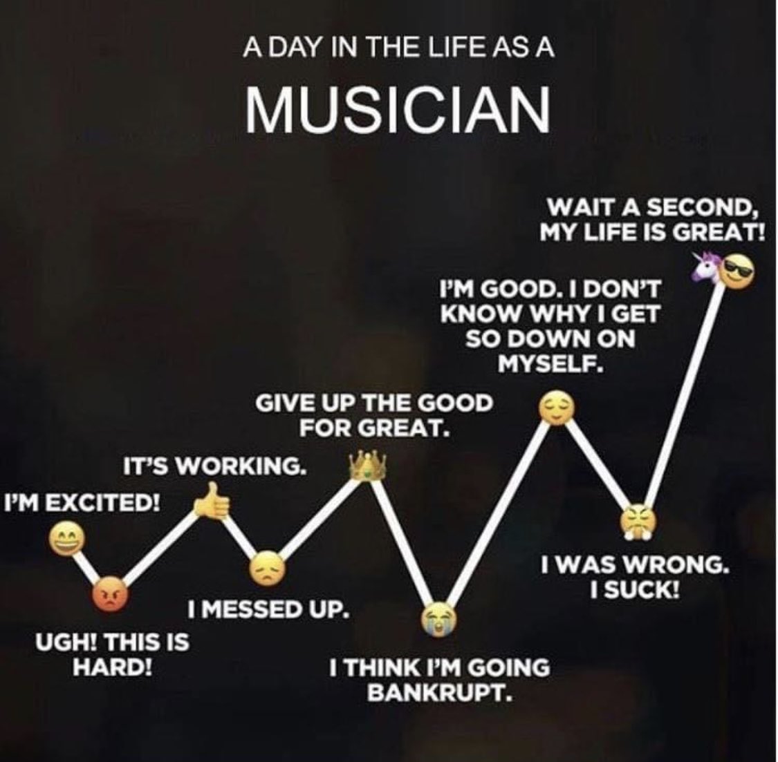 #jokeoftheday Musician’s ups and downs! “Will they like it?” “Oh my they hated it!” “Will I have a memory slip?” “I had a great review and a standing ovation!” #music #musicians #dayinalife