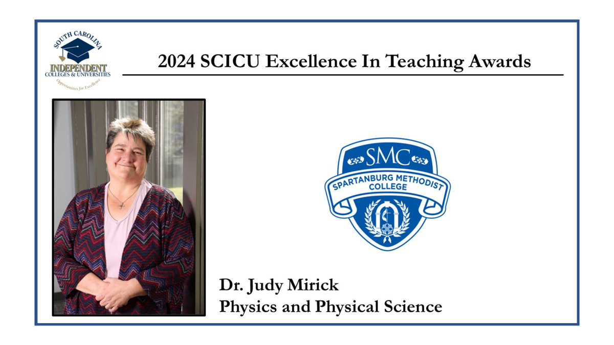 #SCICU congratulates Dr. Judy Mirick, @SMCSC's 2024 #ExcellenceInTeaching award winner. Exemplary faculty at SCICU's 21 member colleges & universities educate and inspire more than 36,000 students throughout #SouthCarolina. scicu.org/scicu-celebrat… scicu.org/spartanburg-me…