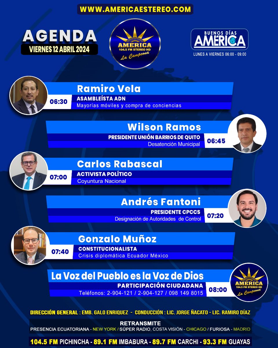 📰 [AGENDA]
🗓 Viernes 12 de Abril 2024
🔴 Noticias de actualidad #nacional e #internacional en #BuenosDíasAmérica.
#RamiroVela
#WilsonRamos
#CarlosRabascal
#AndrwlesFantoni
#GonzaloMuñoz

#analista #politica  #noticias #entrevistas #radionoticias #noticiasec