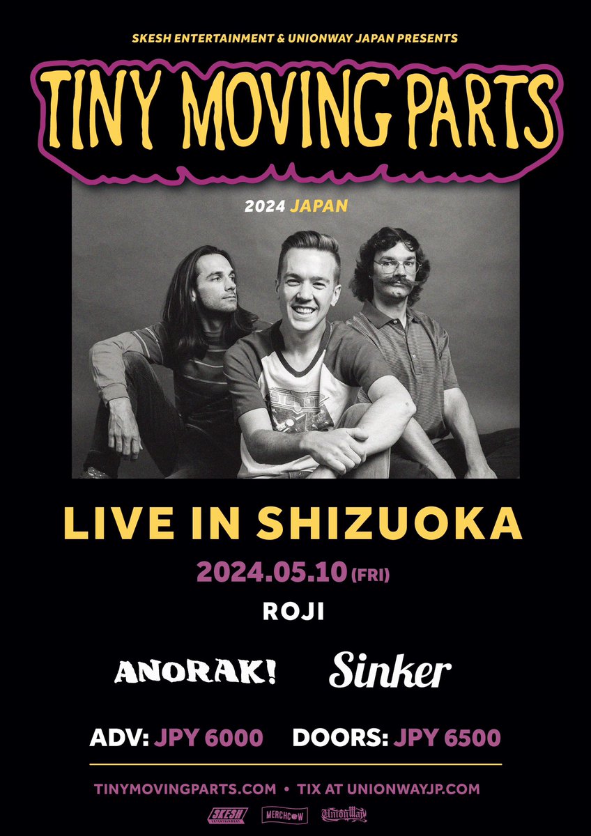 TINY MOVING PARTS 2024 JAPAN LIVE IN SHIZUOKA 5月10日(金) 三島 ROJI ゲスト ANORAK! SINKER OPEN 18:30 / START 19:00 前売 6,000円 t.livepocket.jp/e/tmp_mishima