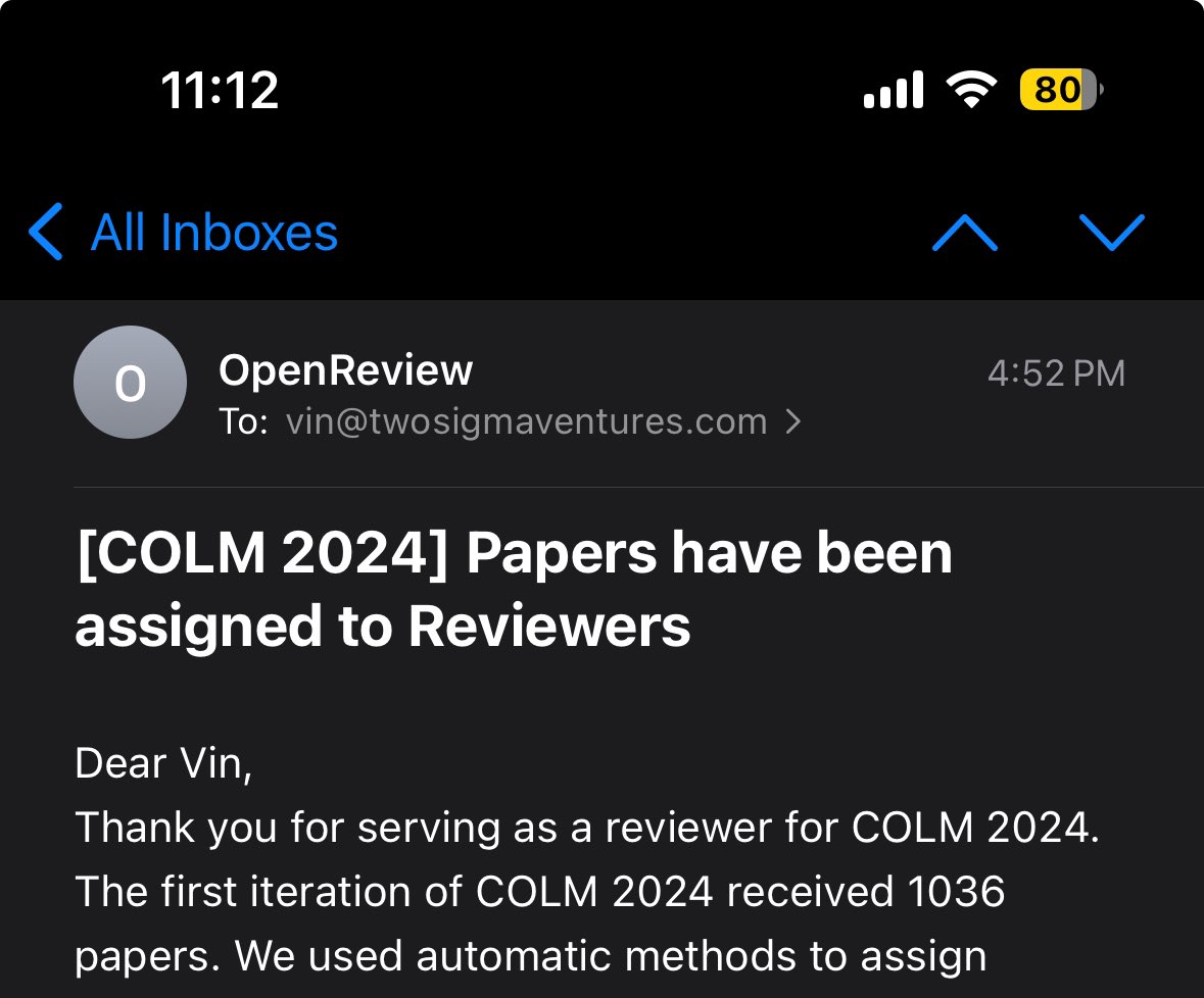 It’s a great night to review some papers for the 1st ever Conference on Language Modeling (@COLM_conf). Great to see there’s >1K submissions. Best of luck to authors - same advice applies for rebuttals.