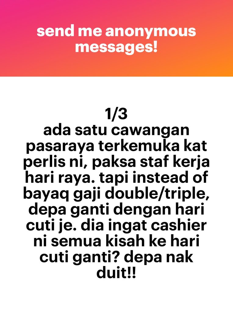 2-3 hari ini banyak betul saya terima NGL berkenaan majikan tak bayar gaji dan tidak carum KWSP. Kali ini kes pasaraya popular di Perlis pula. Sila buat aduan ke nombor berikut; Gaji tak bayar - 03 8000 8000 (Jab Tenaga Kerja) Tak carum KWSP - 03 8922 6000 1/3