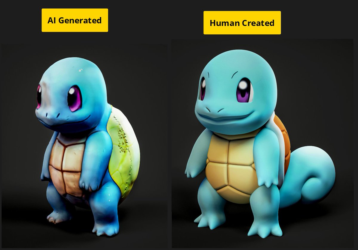 a guide to why you should hire an artist and never pay for generative 3D services. on the left is an AI generated Squirtle model posted earlier today. on the right is a Squirtle I modeled tonight using only that one reference image. my sculpt took an hour and a half.