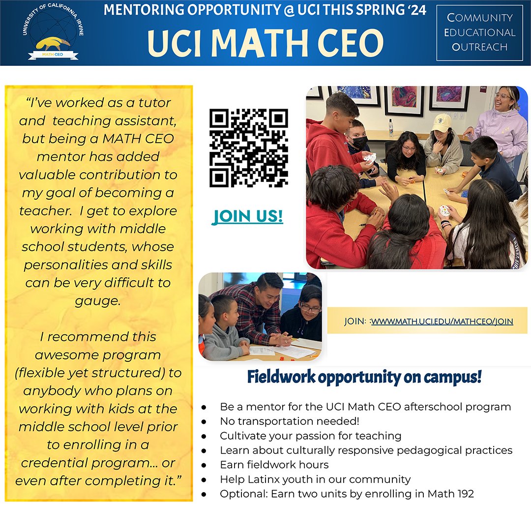 Attention! Attention! Math CEO, a long-running outreach program run by the Departments of Math and Education, is short of volunteers. If you want to sign up, please go to sites.ps.uci.edu/mathceo/join-o…. #ucimath