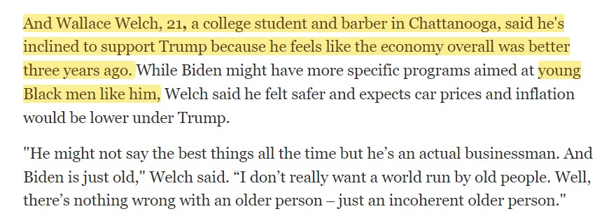 'Things were better when I was 18,' said the young Black man getting ready to vote for Trump in a deep red state where the Justice Department will cease to exist in a year and where young Black legislators had to fight to be reinstated in their seats