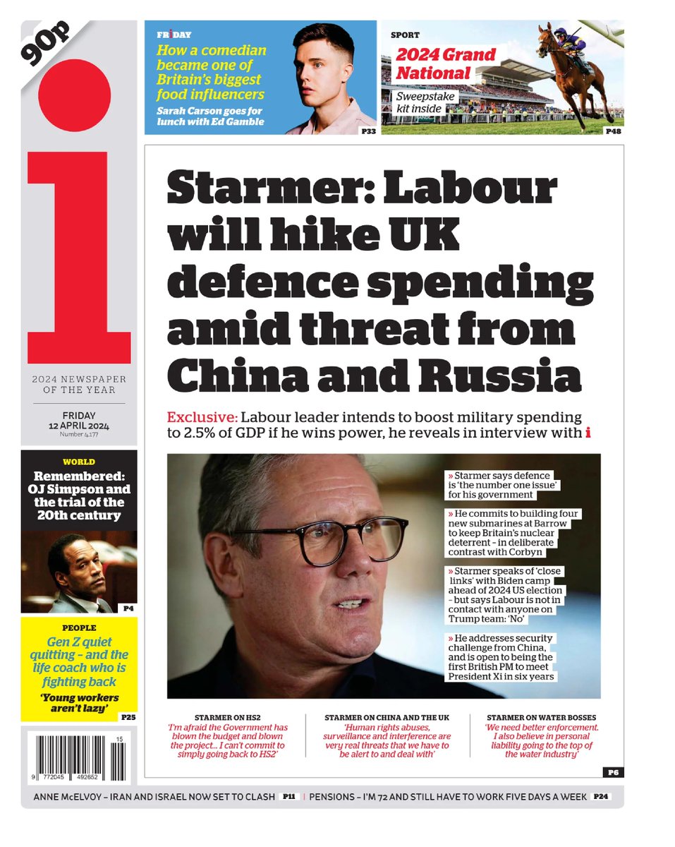 🇬🇧 Starmer: Labour Will Hike UK Defence Spending Amid Threat From China And Russia

▫Labour will increase defence spending to 2.5% and boost nuclear deterrent
▫@HugoGye
▫is.gd/OdNHHr

#frontpagestoday #UK @theipaper 🇬🇧