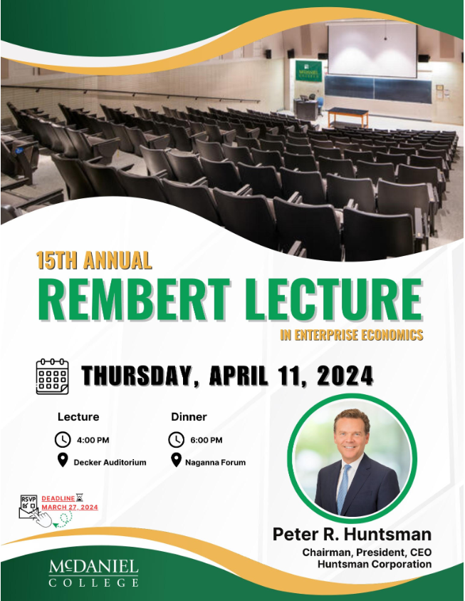 Glad I could attend the 15th annual economics Rembert Lecture at @McDanielCollege in Maryland. The speaker was Huntsman Corporation CEO Peter Huntsman, who offered many insights on international competitiveness, energy policy and demographics.