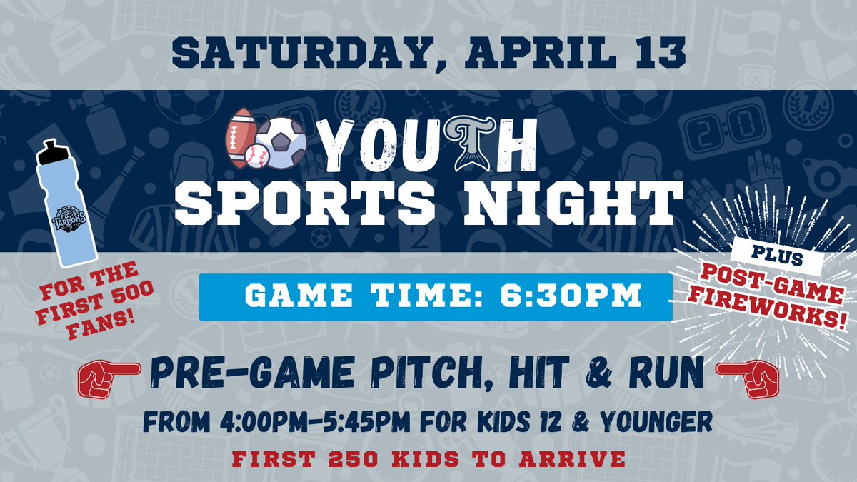Show off your Team Spirit @GMSField & enjoy an afternoon full of fun TOMORROW for Youth Sports Night! First 500 fans will receive a Tarpons Water Bottle! PRE-GAME: Pitch, Hit & Run - the first 250 kids (12 & under) 🎆 Fireworks & Kids Run the Bases! ➡️ atmilb.com/4atNZLb
