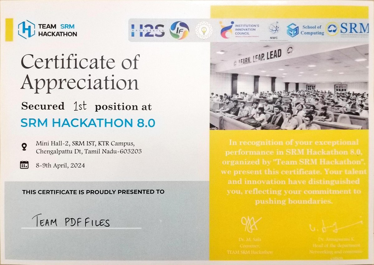 SoC_SRMIST's tweet image. Congratulations to students from Department of Computational Intelligence, School of Computing for having won First Prize at the SRM Hackathon 8.0 held on 8th and 9th of April, 2024. #SRMHackathon8 #ComputationalIntelligence #MedTech #Innovation #ElderlyCare