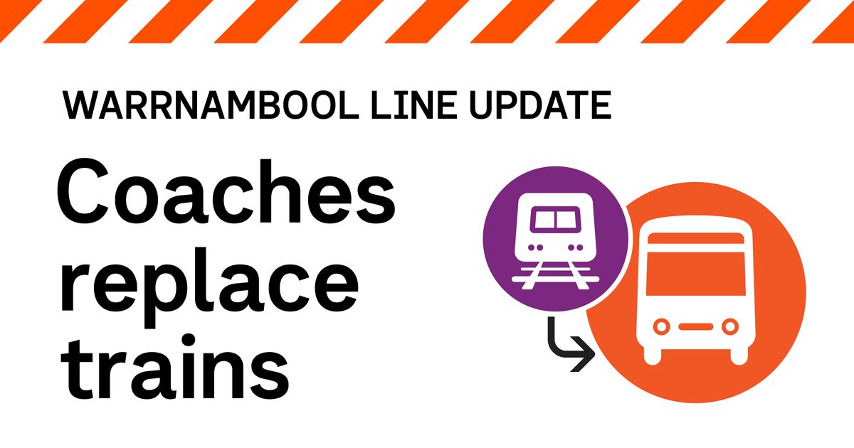 Due to V/Line annual maintenance and infrastructure works, coaches replace trains on the Warrnambool Line for all or part of the journey from Saturday 13 to Sunday 21 April. More information at: go.vline.com.au/43FKu1J
