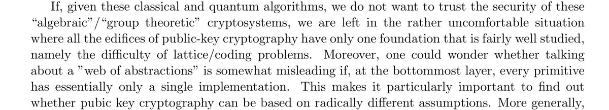 In my 2017 survey I wrote on how essentially all our post quantum public key crypto eggs are in the lattice basket. (No, I don’t know if those eggs are now broken.) eprint.iacr.org/2017/365