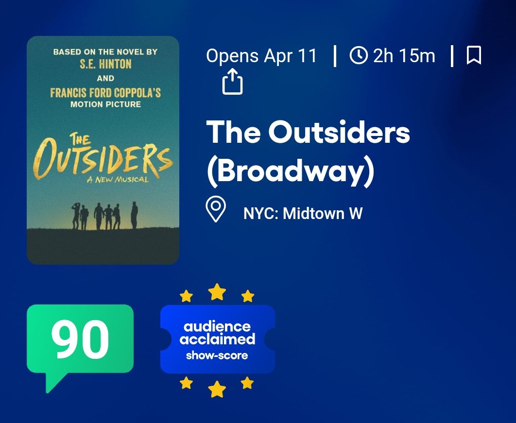 #TheOutsiders is currently at 90 on @Show_Score! 

Congratulations to the cast!

#AngelinaJolie found gold in this one. 

⭐⭐⭐⭐⭐