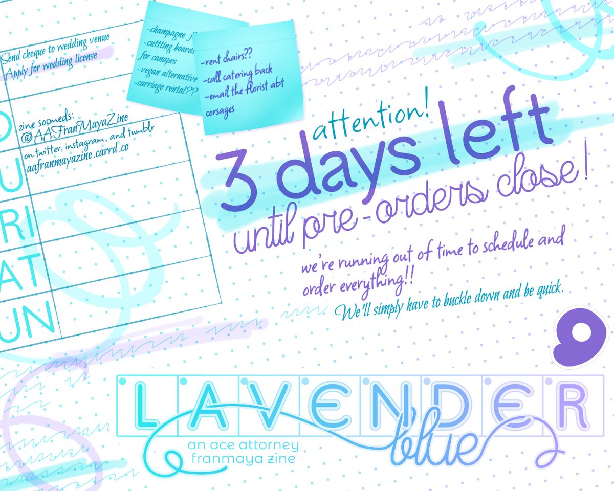 📑 WHOA THERE - What do you mean there are just 3 DAYS LEFT to preorder 'Lavender Blue,' an #AceAttorney #Franmaya fanzine!? Time is running out to get your hands on all of our goodies celebrating the love life between Franziska and Maya! 💙 aafranmayazine.bigcartel.com 💜