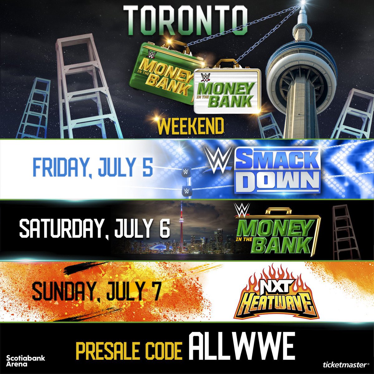 TORONTO 🍁 MY HOMETOWN… WHO’S READY FOR THIS INSANE 3 DAY EVENT?!

PRESALE TICKETS FOR #NXTHEATWAVE ARE AVAILABLE NOW‼️❤️‍🔥🗡️

USE CODE: ALLWWE

ticketmaster.ca/wwe-nxt-heatwa…