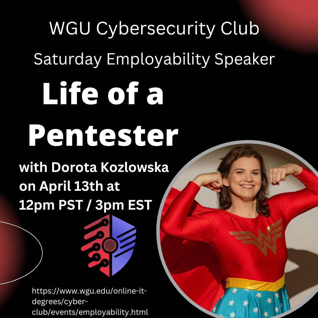 WGUCyberClub's tweet photo. 🔥Join us for WGUCC's Employability month in April. On April 13th at 3pm EST, Dorota Kozlowska @WWD_Hacks will be presenting on "My Path into Pen Testing and How To Land a Job".
👉 RSVP at https://t.co/QmAsB6pnoi
#WGUCC #EmployabilityMonth #Cybersecurity
@wgu https://t.co/rMrY01uCS7