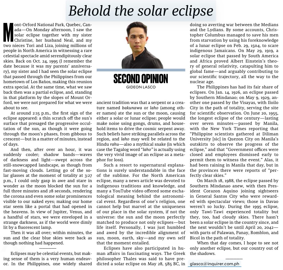 Using the total solar eclipse I just witnessed as starting point, my column today reflects on the ways in which eclipses have participated in human history including in the Philippines: