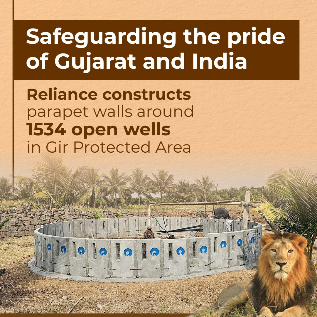 Protecting #AsiaticLions and wildlife in #Gir is a top priority in our conservation efforts. With the collaboration of Gujarat Forest Department, #Reliance has successfully completed constructing protective walls around 1534 wells in Gir. This initiative aims to prevent lions