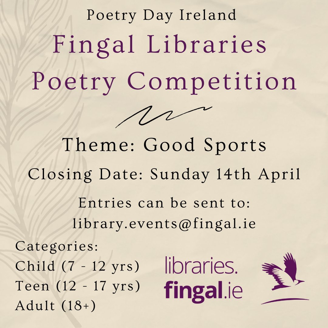 Closing date this Sunday, April 14th! 🚨 This year, the Poetry Day Ireland Theme is 'Good Sports' - winners will be announced April 25th. Details & rules ➡️ fingal.ie/fingal-librari… @fingallibraries