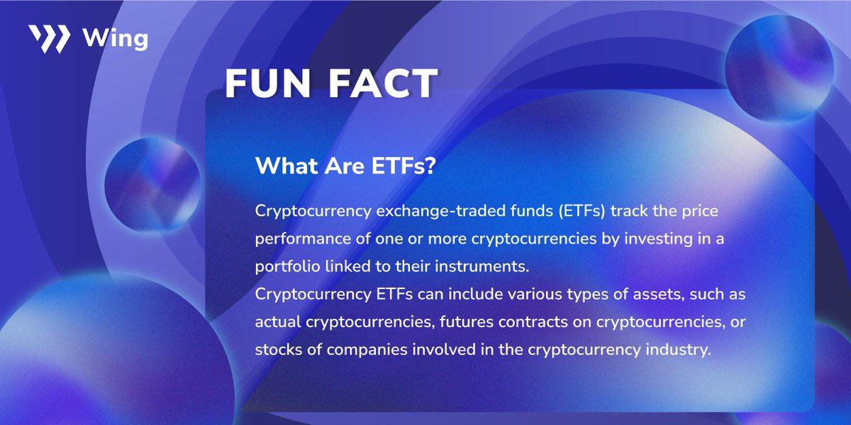 #Crypto #ETFs have been popular, offering investors advantages like the ability to invest without having to hold cryptocurrency directly🔥 Investors, however, should be aware of potential risks, including regulatory risk & market volatility💪 Check today's fun fact from #Wing🚀