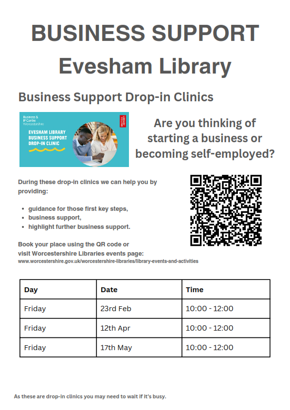 Are you thinking of starting a business or becoming self-employed? Drop in to speak to someone from @BIPCWorcs on the following dates: 📆 Friday May 17th, 10am-12pm #EveshamLibrary #WorcestershireHour
