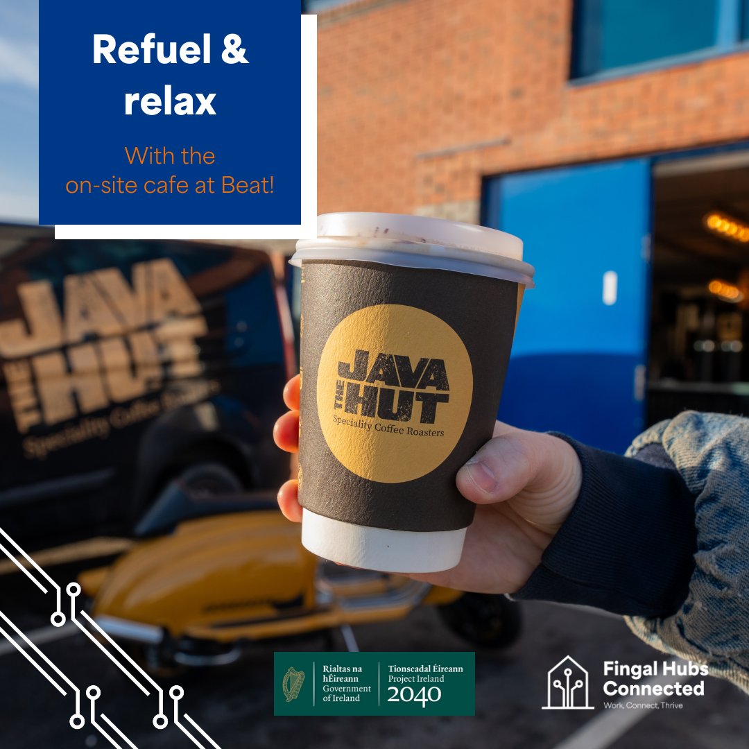 Recharge your morning at Beat Enterprise Centre! ☕ Explore the art of coffee with Java The Hut Artisan Roasters
#Remotework #coworking #Ireland2040 #OurRuralFuture
Fingal Hubs Connected is supported by the  @DeptRCD 

@BEaTCentre11 
@ConnectedHubs
@Fingalcoco