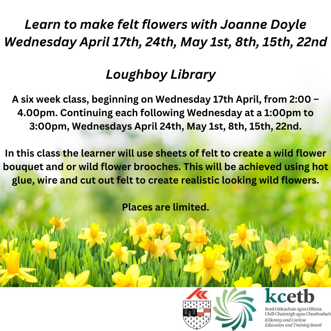 Learn to make felt flowers with Joanne Doyle at Loughboy Library. A six week class, beginning on Wednesday 17th April. Places are limited. Booking on 056 7794176 @KCETB