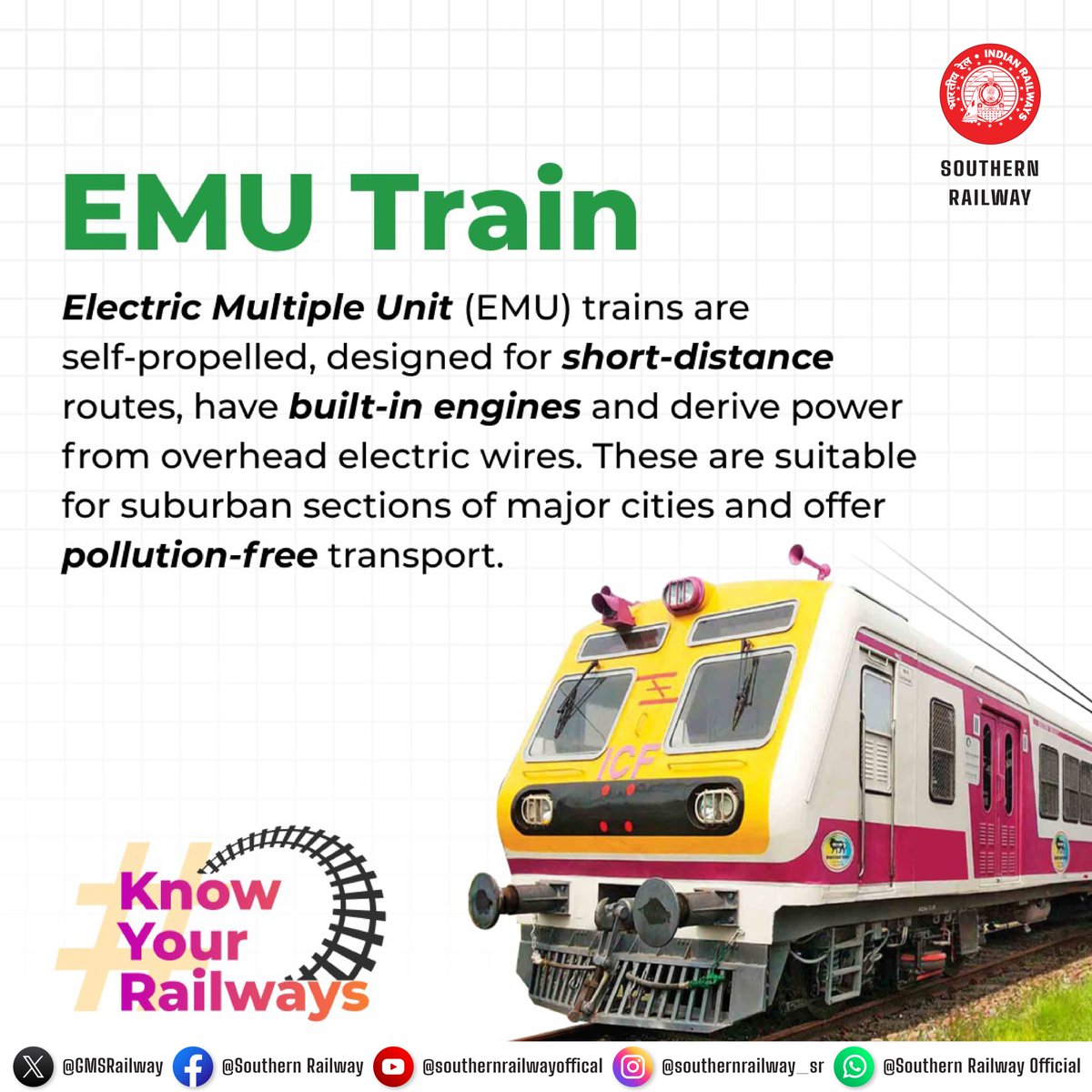 Effortlessly zipping through the city: EMU trains, powered by overhead wires, offer clean and efficient transportation for short-distance journeys. #EMUTrain #SustainableTravel #CityCommutes #SouthernRailway #TrainService #TrainJourney