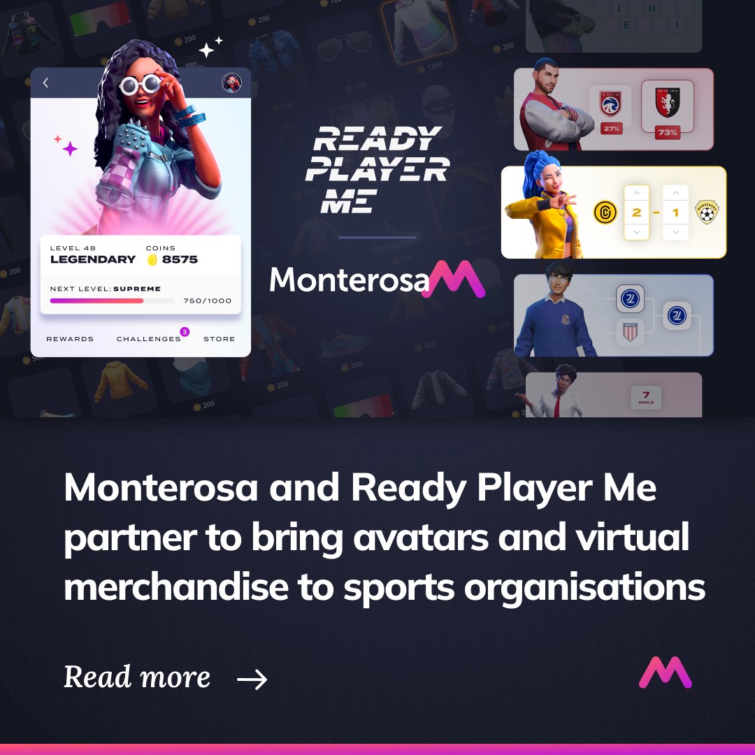 📢 NEWS JUST IN - Monterosa and Ready Player Me partner to bring avatars and virtual merchandise to sports organisations. The partnership gives sports organizations a way to build communities that appeal to younger fans. Take a look: hubs.ly/Q02sFPbx0