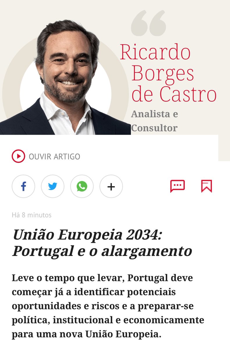 Visto de Bruxelas está de volta! ‘União Europeia 2034: Portugal e o alargamento.’ Defensor do alargamento, Portugal deve preparar-se para ele desde já. Isto passa por definir o que quer e como quer a UE nos próximos 10 anos. Boa leitura @revistasabado: sabado.pt/opiniao/convid…