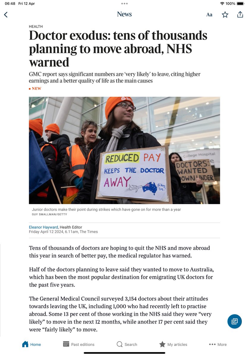 Doctor exodus: tens of thousands planning to move abroad, @NHSEngland warned: @gmcuk report says significant numbers are ‘very likely’ to leave, citing higher earnings and a better quality of life as the main causes thetimes.co.uk/article/doctor… via @eleanorhayward