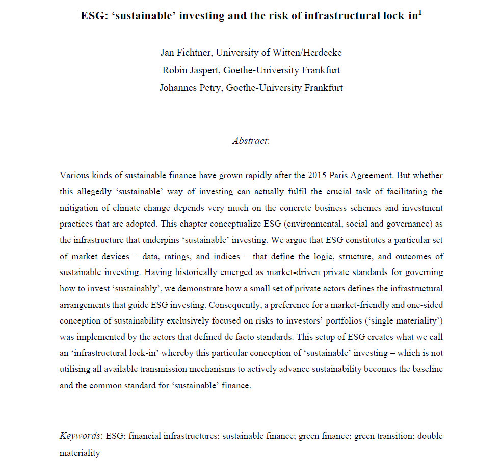 📗 Preprint of forthcoming chapter 'ESG: ‘sustainable’ investing and the risk of infrastructural lock-in' with Robin Jaspert & @johannes_petry in the Cambridge Global Companion to Financial Infrastructures, by @C__West, @MalcolmCV & @Brandl_Barbara (eds). osf.io/preprints/soca…