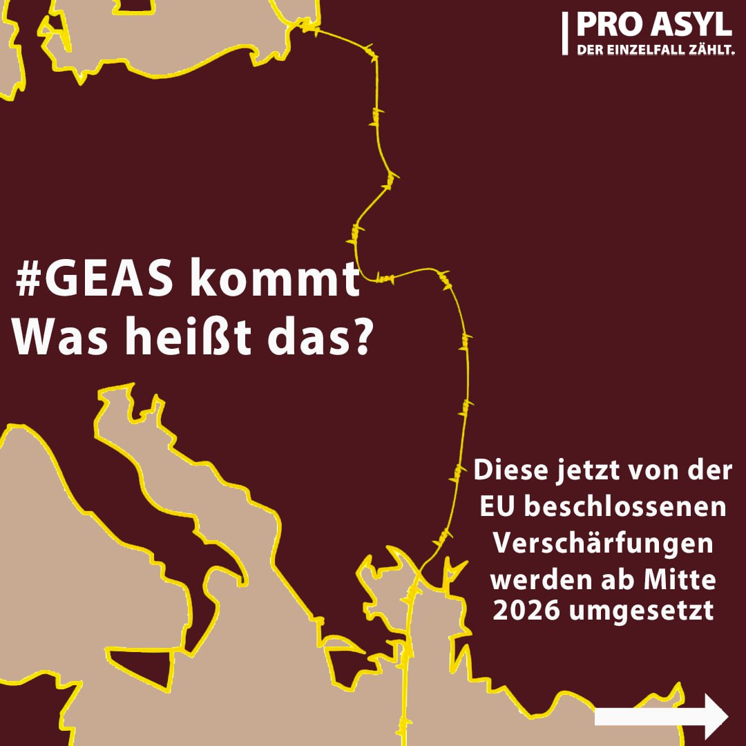 #GEAS kommt - was heißt das? 

Diese Woche wurde die EU-Asylreform final vom Parlament beschlossen. Was das für den Flüchtlingsschutz in Europa und auch Verfahren in Deutschland bedeutet? Erklären wir euch in ein paar Bildern - und ganz ausführlich hier: 
proasyl.de/news/geas-refo…