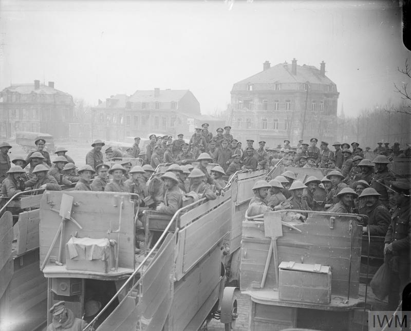 Troops embussing in Arras after the fighting at Monchy-le-Preux (captured by 37th Division on 11 April 1917). IWM Q 6178