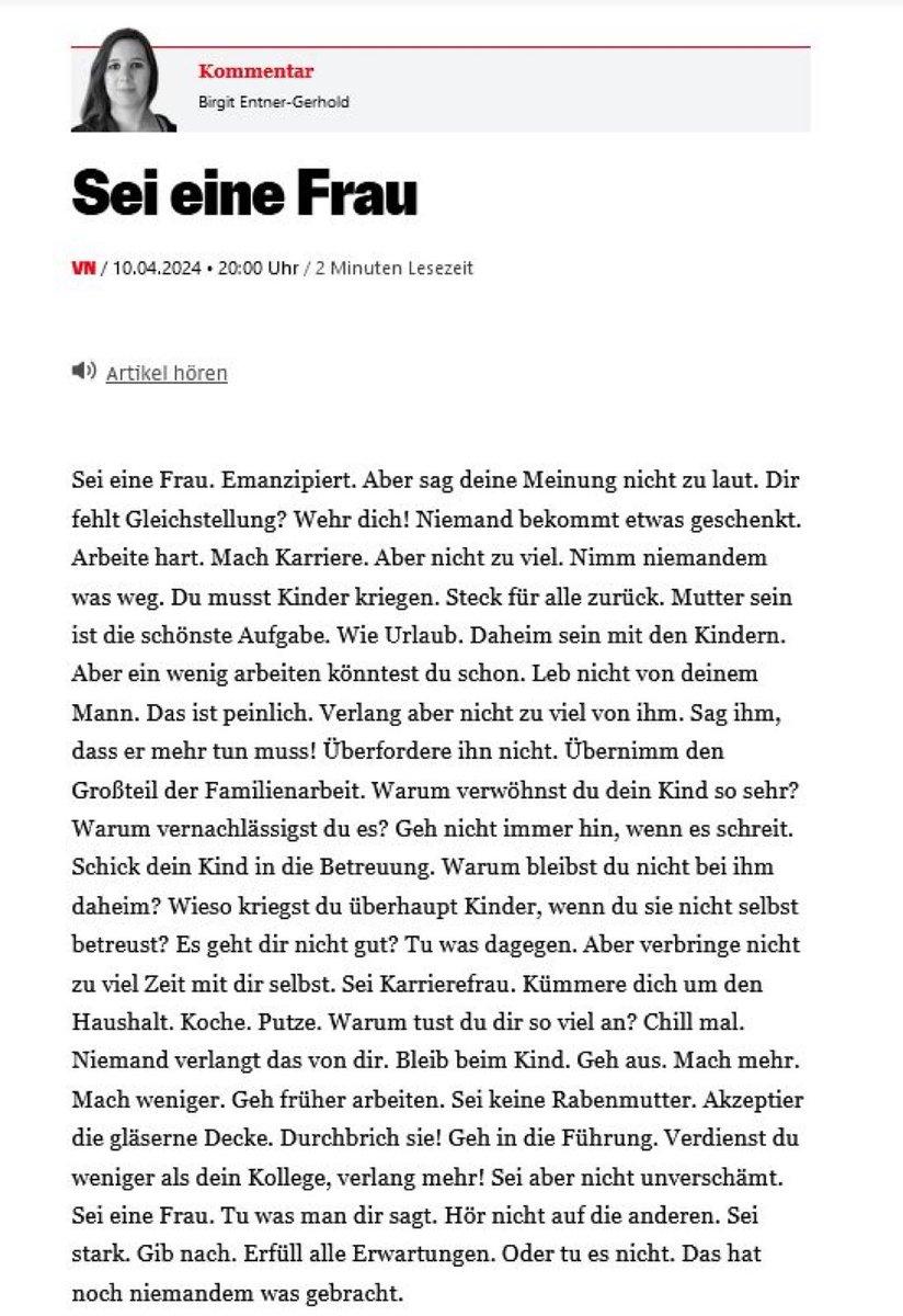 BirgitEntner's tweet image. Ein Text, viele Leserinnen-Reaktionen mit noch größerer Aussagekraft zur Lage der Gleichstellung: „Die Mehrfachbelastung macht uns zu schaffen.“ - „Es hat sich nicht viel geändert.“ - „Es wird erwartet, dass alles bestens funktioniert. Theorie und Praxis sind zwei Paar Schuhe.“