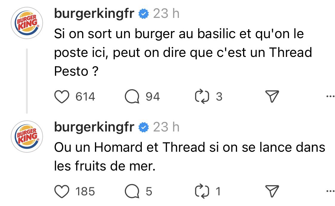 BurgerKingFR's tweet photo. RT si tu trouves que les blagues du CM Threads sont (Pâte)étiques. https://t.co/Qtlvb7atYt