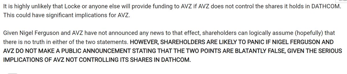 <a href="/governance6332/">calling on governance</a> <a href="/7sur7_cd/">7SUR7.CD</a> <a href="/cominiereSA/">COMINIERE SA</a> "It is highly unlikely that Locke or anyone else will provide funding to AVZ if AVZ does not control the shares it holds in DATHCOM. This could have significant implications for AVZ."
hotcopper.com.au/threads/locke-…