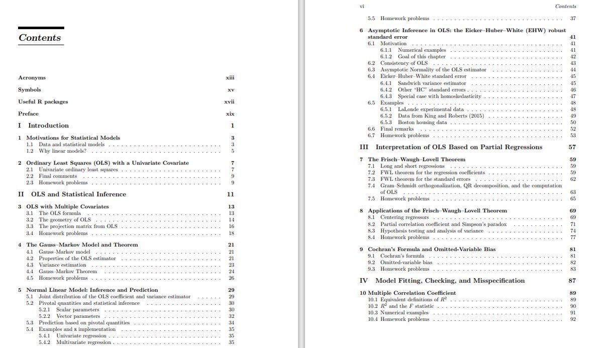 quantseeker's tweet photo. These lecture notes on "Linear models and extensions" by Peng Ding at Berkeley are great. 

400 pages(!) on OLS, Ridge, Lasso, WLS, Logistic regressions, Quantile regressions, and much more.

Link: https://t.co/2aNhBTes80