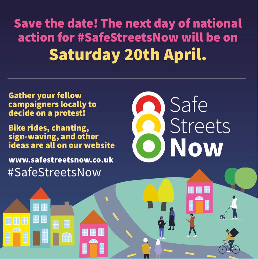 📣 Delighted to announce that 17 #SafeStreetsNow actions will take place on Saturday 20th April. It’s not too late to organise an action and every voice for safer streets matters Please remember to sign the open letter on behalf of your organisation 👇 safestreetsnow.co.uk