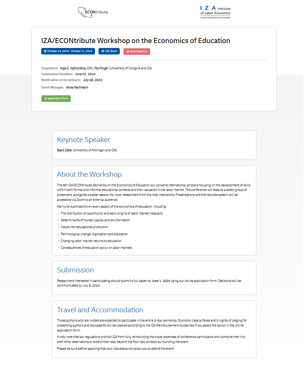 📢#cfp for the <a href="/iza_bonn/">IZA</a> /<a href="/ECON_tribute/">ECONtribute</a>
Workshop on the "Economics of Education"
🗣️Keynote by <a href="/basit_ak_zafar/">Basit Zafar</a>  (<a href="/umichECON/">U-M Economics</a>)
👥Organized by @IngoIsphording &amp; <a href="/PingerPia/">Pia Pinger</a>
🔥Submit here 👉 conference.iza.org/conference_fil…
#IZAEducationEconomics #EconTwitter