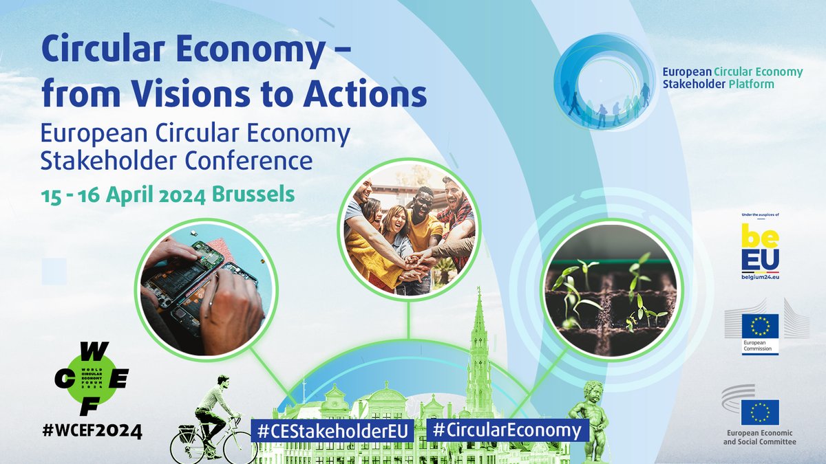 The European #CircularEconomy Stakeholder Conference 2024 is bringing a dedicated track to #WCEF2024 showcasing Europe’s progress 🇪🇺 On the 15&16 April including: ➡️Warm-up workshop ➡️4 parallel sessions ➡️1 booth Agenda & registration to follow online: europa.eu/!jwrqcD