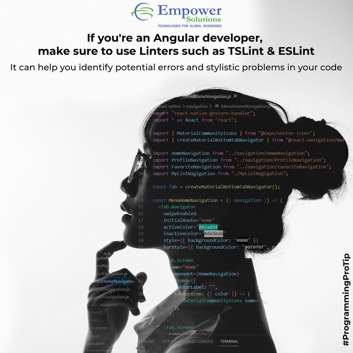 empowersol96's tweet image. Catch errors before they catch you! 🚫⚠️ Using linters like TSLint and ESLint ensures cleaner, error-free Angular code.
#CodeQuality #AngularDevelopment #TSLint #ESLint #CleanCode #ErrorFree #DevelopmentTools