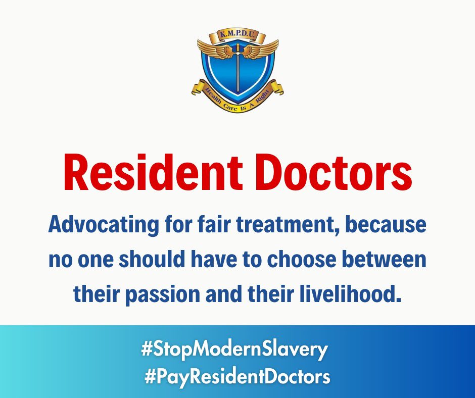 Doctors pursuing postgraduate studies deserve respect, support, and fair compensation for their invaluable service to Kenyans. 
These doctors work for 3-6 years without pay! 
#StopModernSlavery 
#SupportKenyanDoctors 
#PayResidentDoctors
#DoctorsDeserveBetter 
#DoctorsStrikeKE