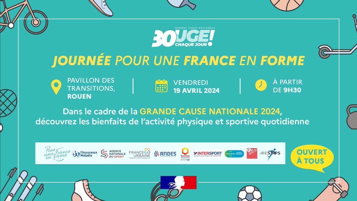 🇫🇷 #PouruneFranceenforme ! 🏃‍♀️🏃‍♂️ Rendez-vous le 19 avril 2024 pour une matinée dédiée à l'activité physique et sportive au Pavillon des transitions à Rouen, organisée par l'@ars_normandie et l’@ac_normandie. ✅L'occasion d'échanger sur le sport-santé et de partager les…