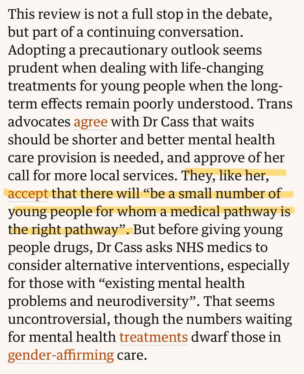 This is the main problem of the Cass Review. Trans activists and deluded parents will argue that of course their child is the ‘exception’ who needs puberty blockers and cross sex hormones. No child should be given these harmful, irreversible drugs. theguardian.com/commentisfree/…