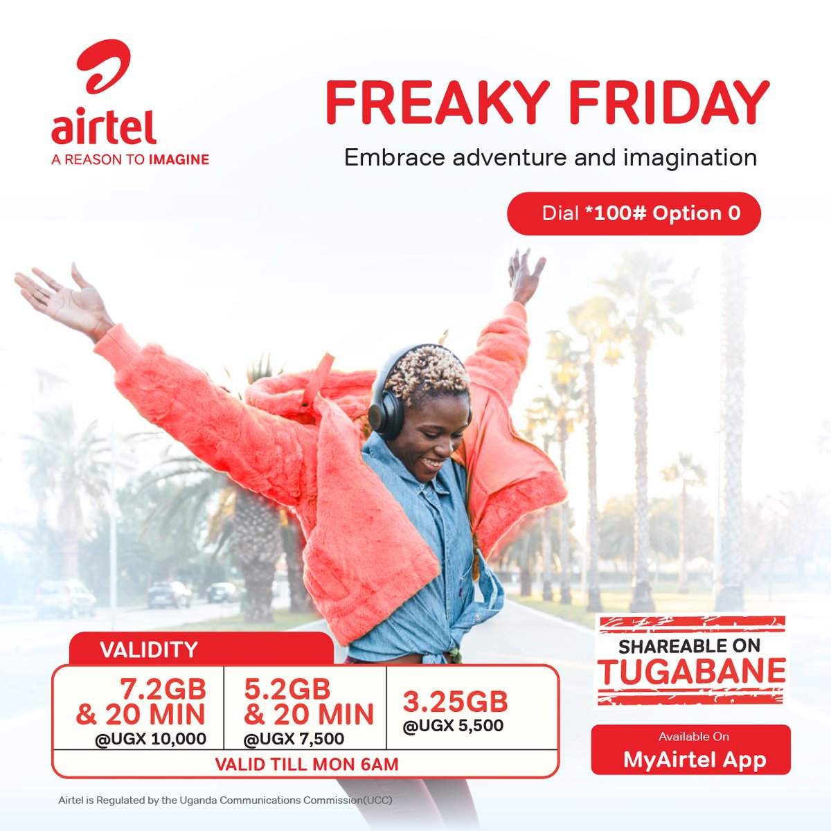 Have fun all weekend with #FreakyFriday Dial *100# and select option 0 for a #FreakyFriday bundle or use the #MyAirtelApp; airtelafrica.onelink.me/cGyr/qgj4qeu2 and stay online , it's even shareable on tugabane .