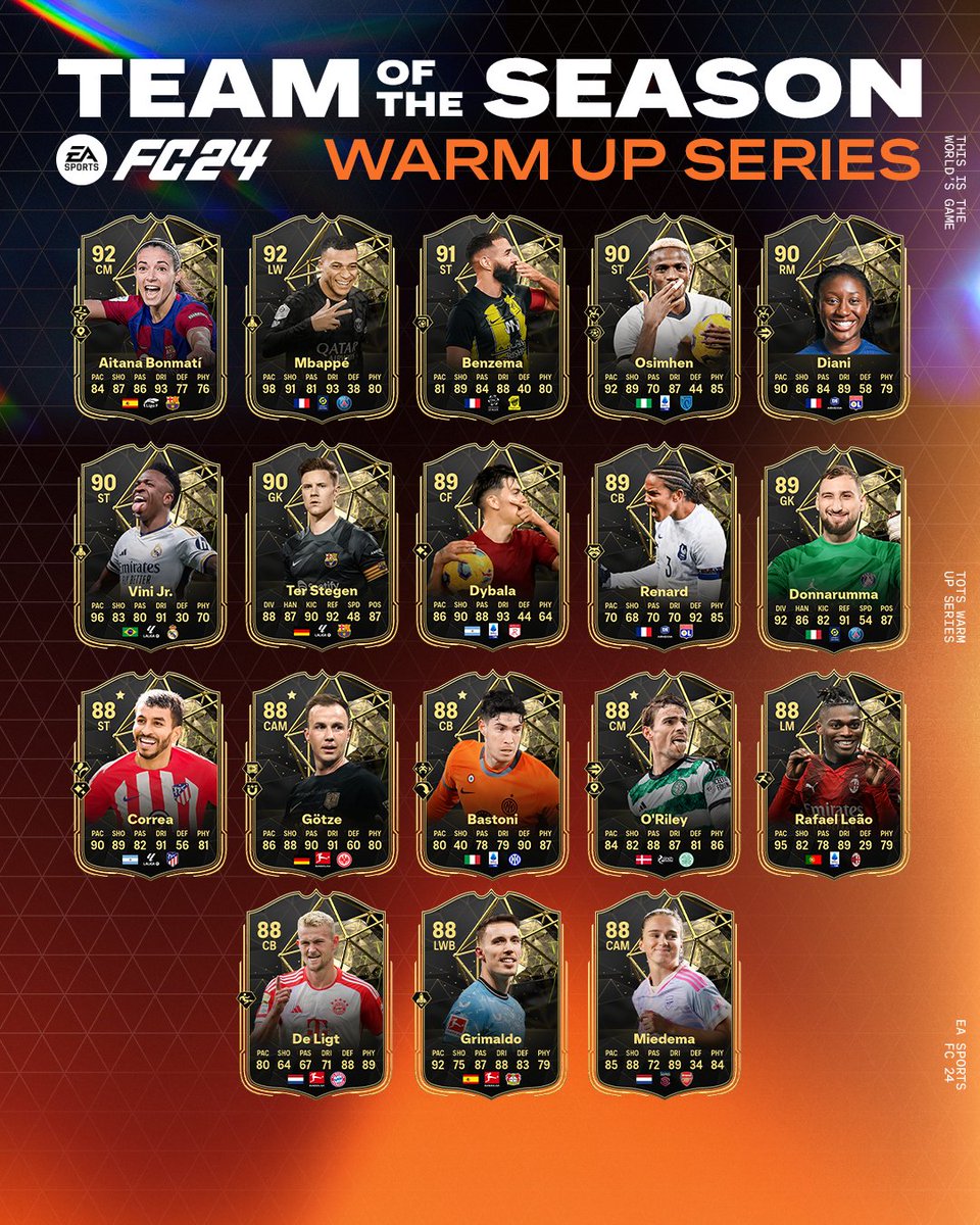 La TOTS arrive bientôt... Pour célébrer cette période, et se préparer à l'un des plus gros événements de l'année, la TOTS Warm Up Series est là: -Best Of Team of the Week -DCE Joueurs et Améliorations -Évolutions Et encore plus dans Ultimate Team sur #FC24.