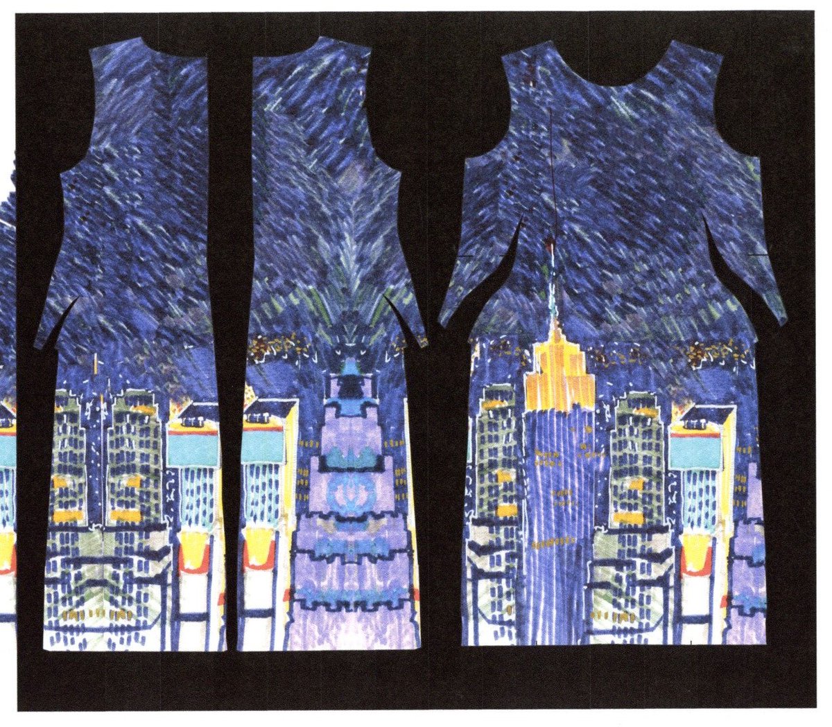 #Archive30 Dame @Zandra_Rhodes sketches daily while on her travels, providing inspiration for her patterns and designs, incl. this 2014 cityscape dress. #archivebuildings #FashionFriday @librarydmu @ARAScot @explorearchives @AStitchinTime13 @dmufashion @DMUTextiles #fashion