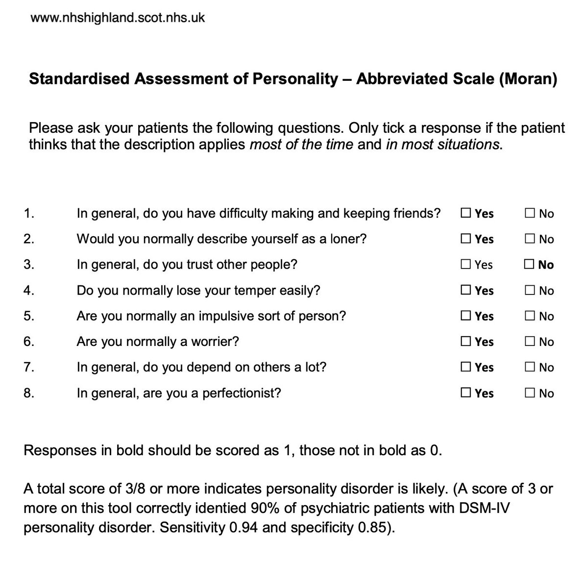 'A score of 3/8 or more indicates that personality disorder is likely' 😳 Comments welcome below.....