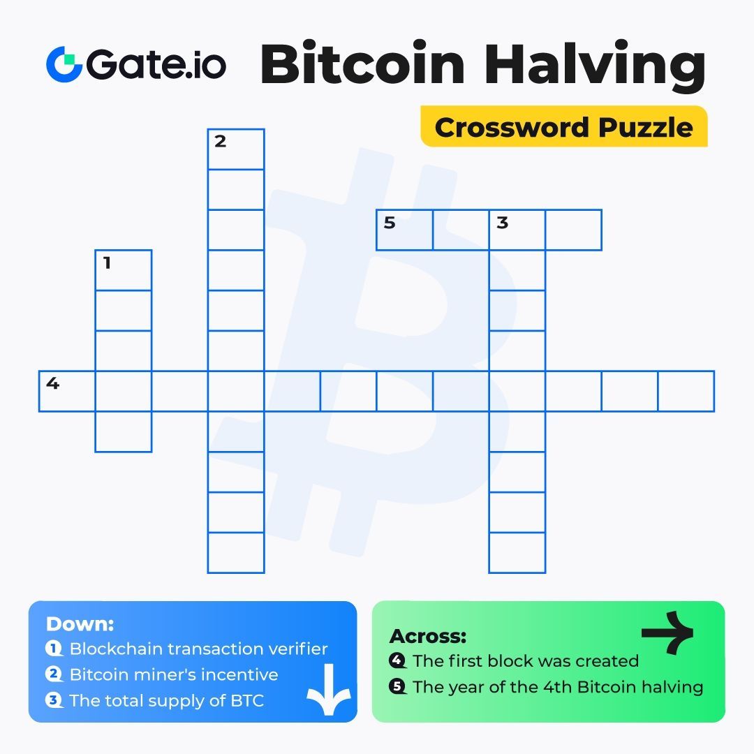 #GateioCryptoChallenge - Bitcoin Halving Crossword Puzzle 
🎁10 puzzle solvers win $10 each

To enter:
1️⃣  Follow @gate_io
2️⃣  RT + Like + Tag 3 friends
3️⃣  Comment on your answer below

⏰End at 16:00 PM, Apr 14 (UTC)