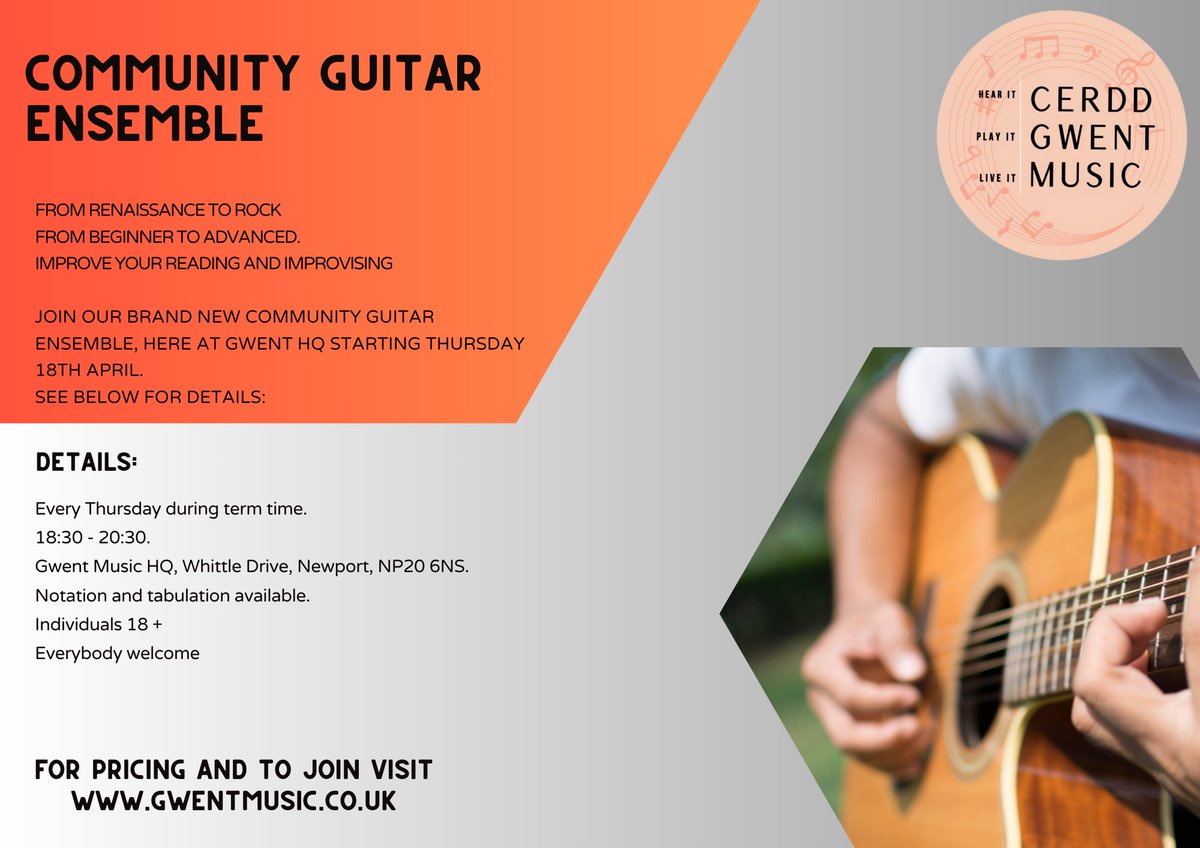 Gwent Music are proud to announce a new community ensemble! The Adult Community Guitar Ensemble. They meet every Thursday during term time. The first session will take place next Thursday (18th April). Membership is £55 a term, to enrol please click below: gwent.paritor.com/Registration/B…